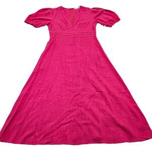 Forever Chic Women's Hot Pink Linen Blend‎ V-neck Puff Shoulder Midi Dress Sz 12